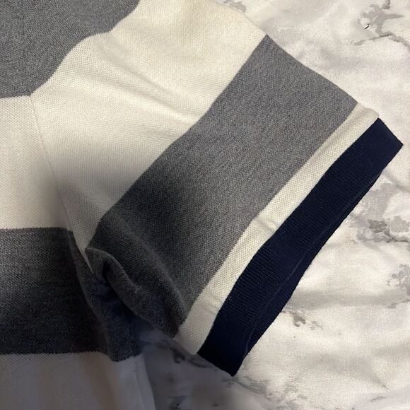 Express Mens Short Sleeve Polo Size Large Grey And White Striped - Picture 4 of 7